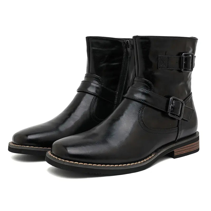 Men's Western Style Retro Ankle Boots – Buckle Detail & Embossed Leather Look
