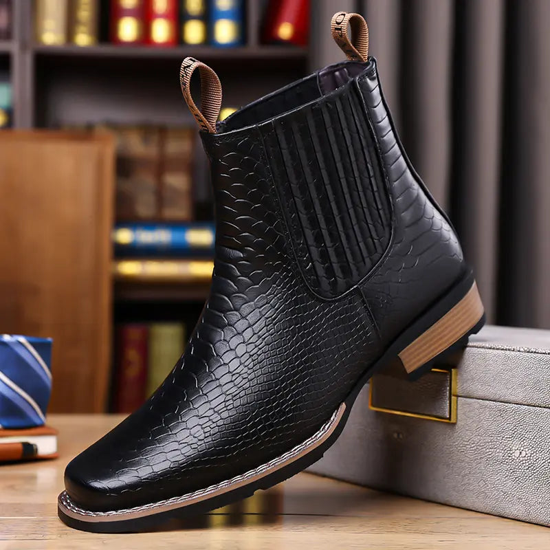 Crocodile patterned leather boots Full upper snake scale embossing+elastic elastic band, matched with a suit atmosphere to create a full effect,sohochic